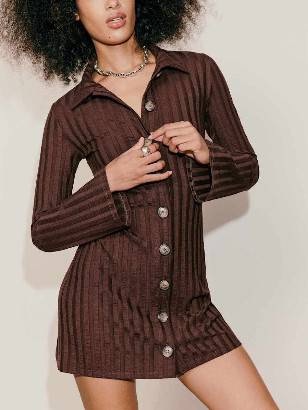 Reformation Benton Brown Button-Front Ribbed Kint Long Sleeve Mini Dress Small